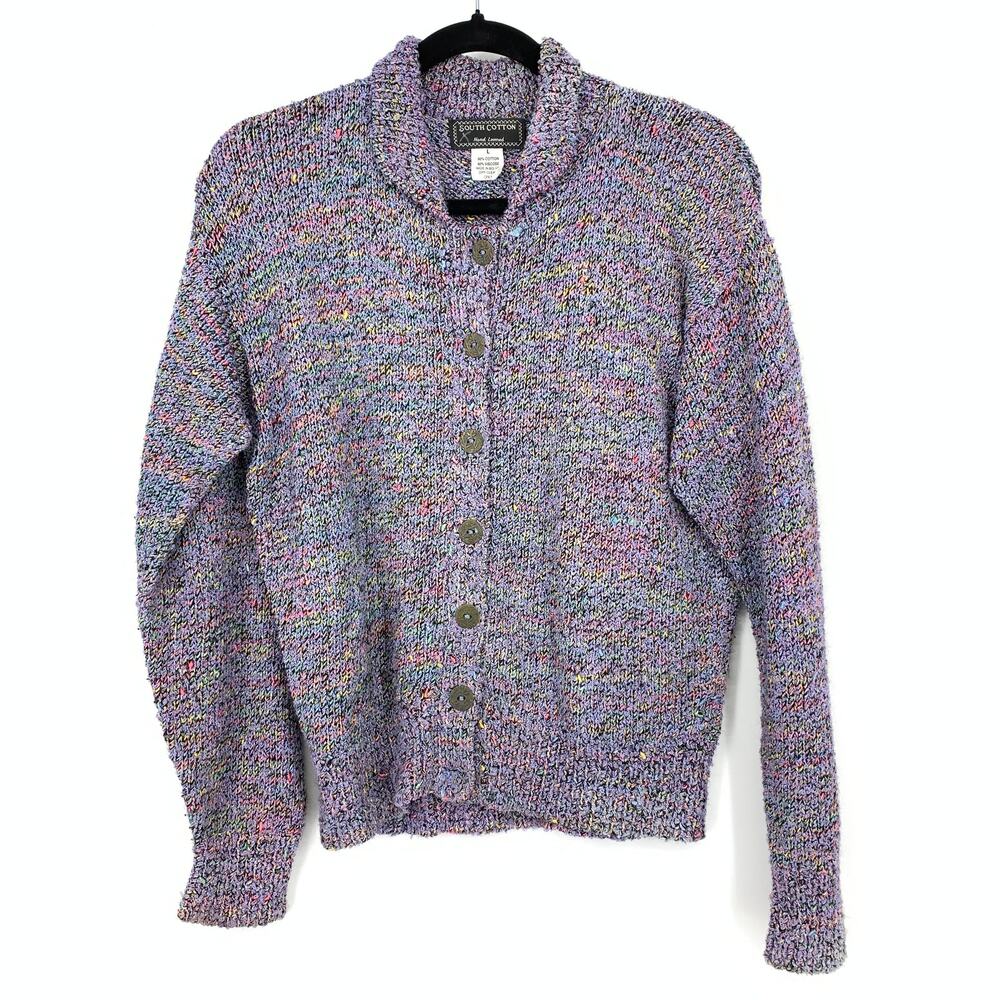 Vintage South Cotton Hand Loomed Knit Cardigan Sweater Womens Sz L Multi Purple
